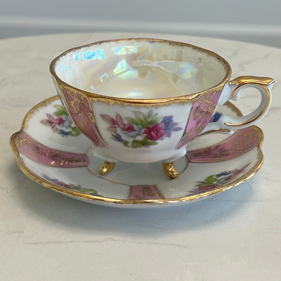 Unbranded Other - Vtg Pink Lusterware Footed Teacup Saucer Floral Gold Rim Tea Cup Iridescent
